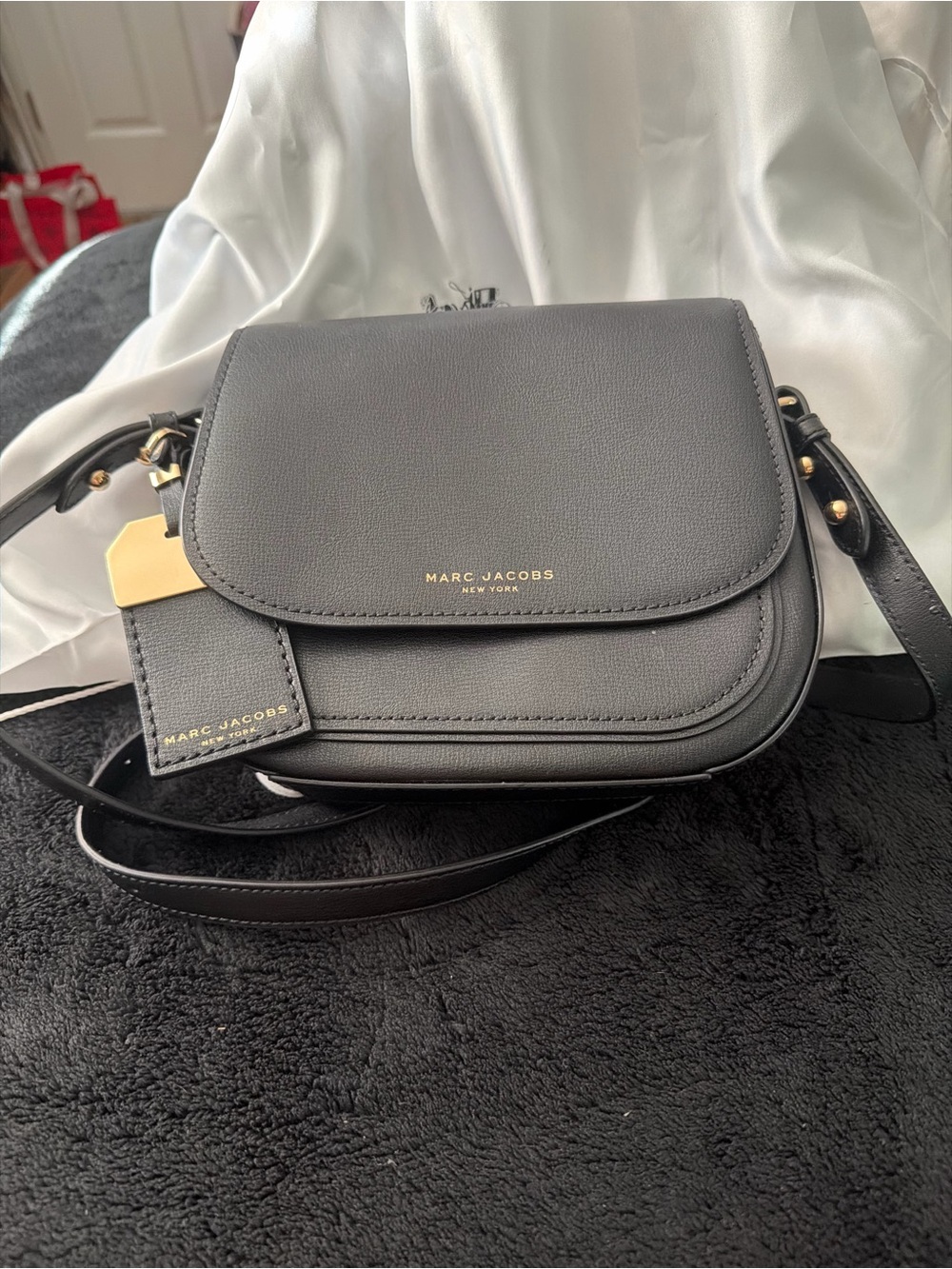 Marc Jacobs Black Leather Saddle Crossbody with Gold Hardware